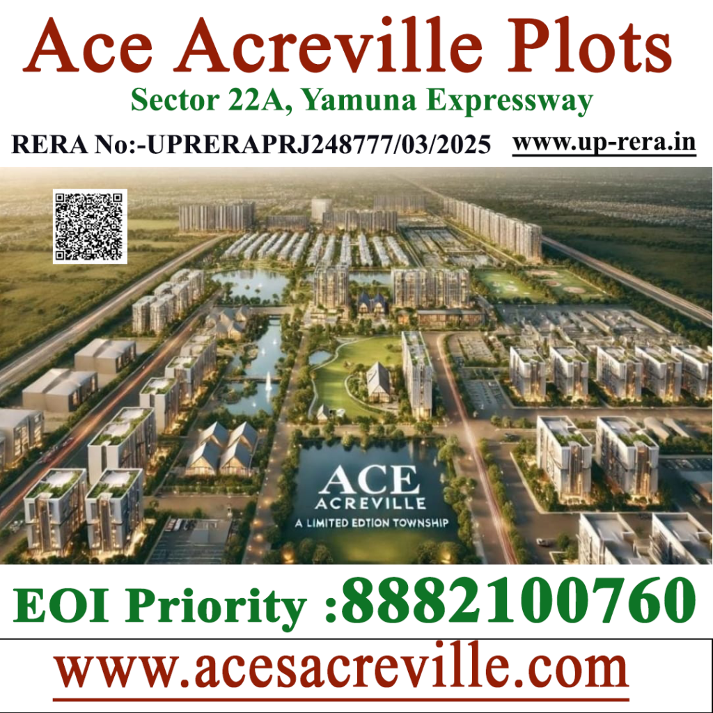 Aerial view of a large residential township with many buildings, water features, and greenery, overlaid with promotional text for Ace Acreville Plots, a QR code on the left, and contact info at the bottom.