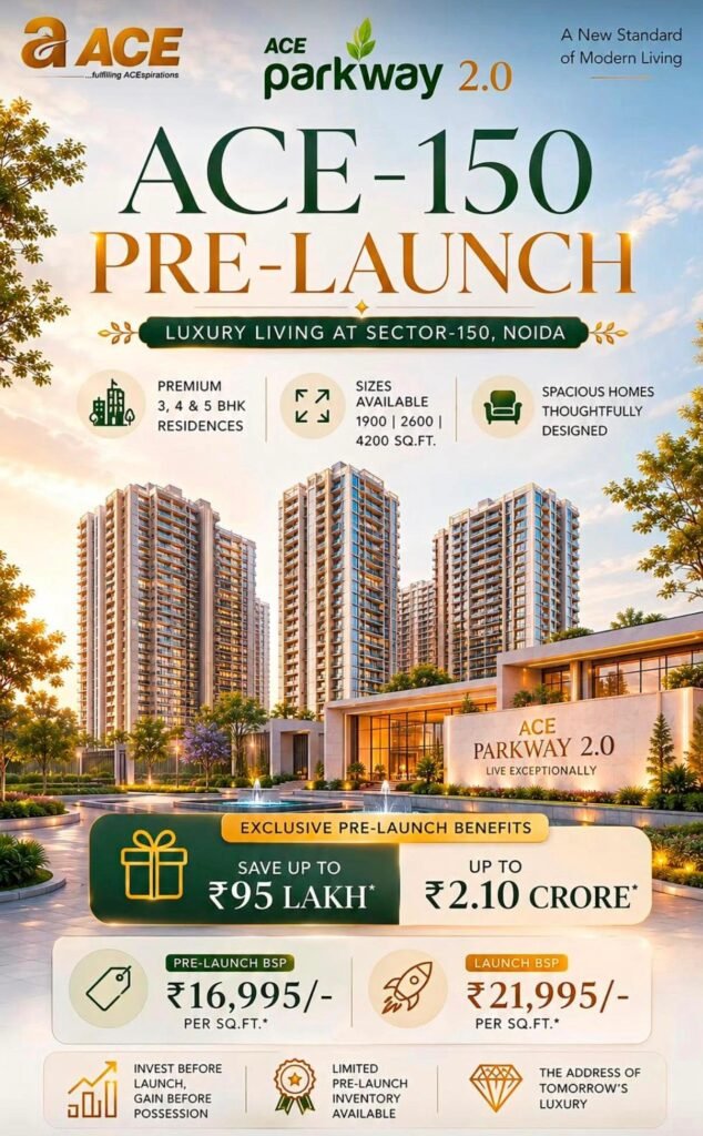 Promotional banner for ACE Parkway 2.0 luxury residences in Noida, featuring high-rise towers and pre-launch offers imagery and logos in the sky-blue background.