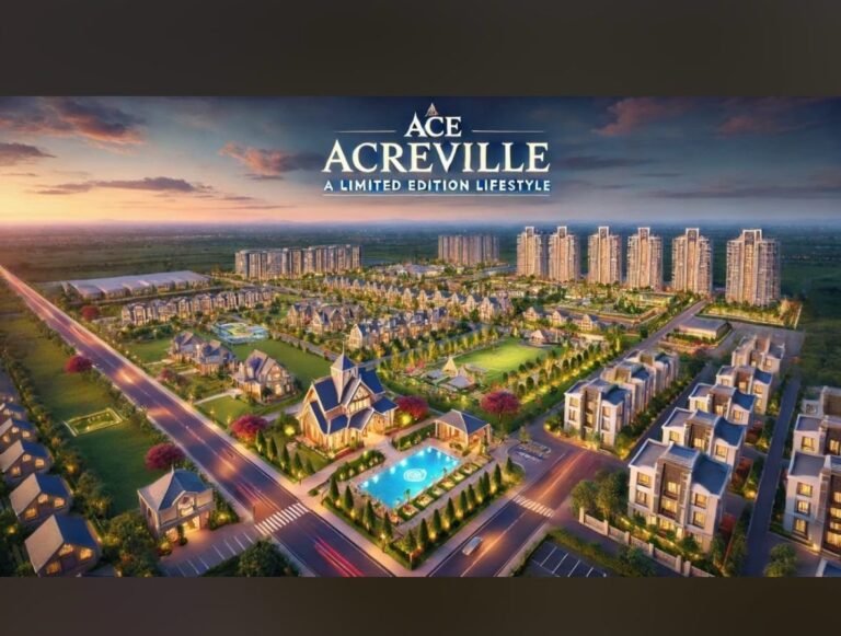 Aerial rendering of Ace Acreville: a gated residential development with houses, a central pool, green spaces, and high-rise buildings on the horizon at sunset.