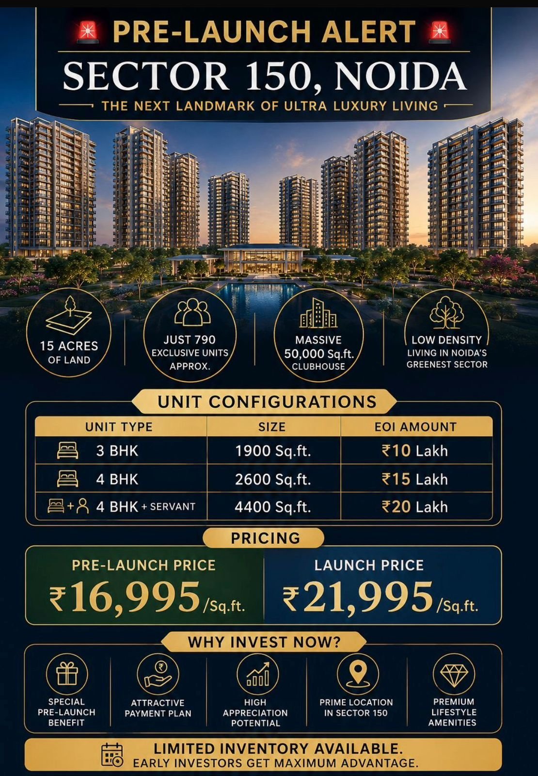 Pre-launch ad for Sector 150, Noida showing tall residential towers, a central pool area, and highlight icons for land, units, and clubhouse with pricing details below.