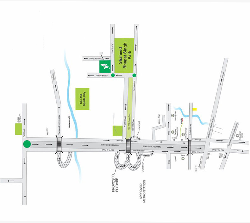 Map of a city area showing a proposed elevated metro station, surrounding roads, a river, and several green spaces and parks.
