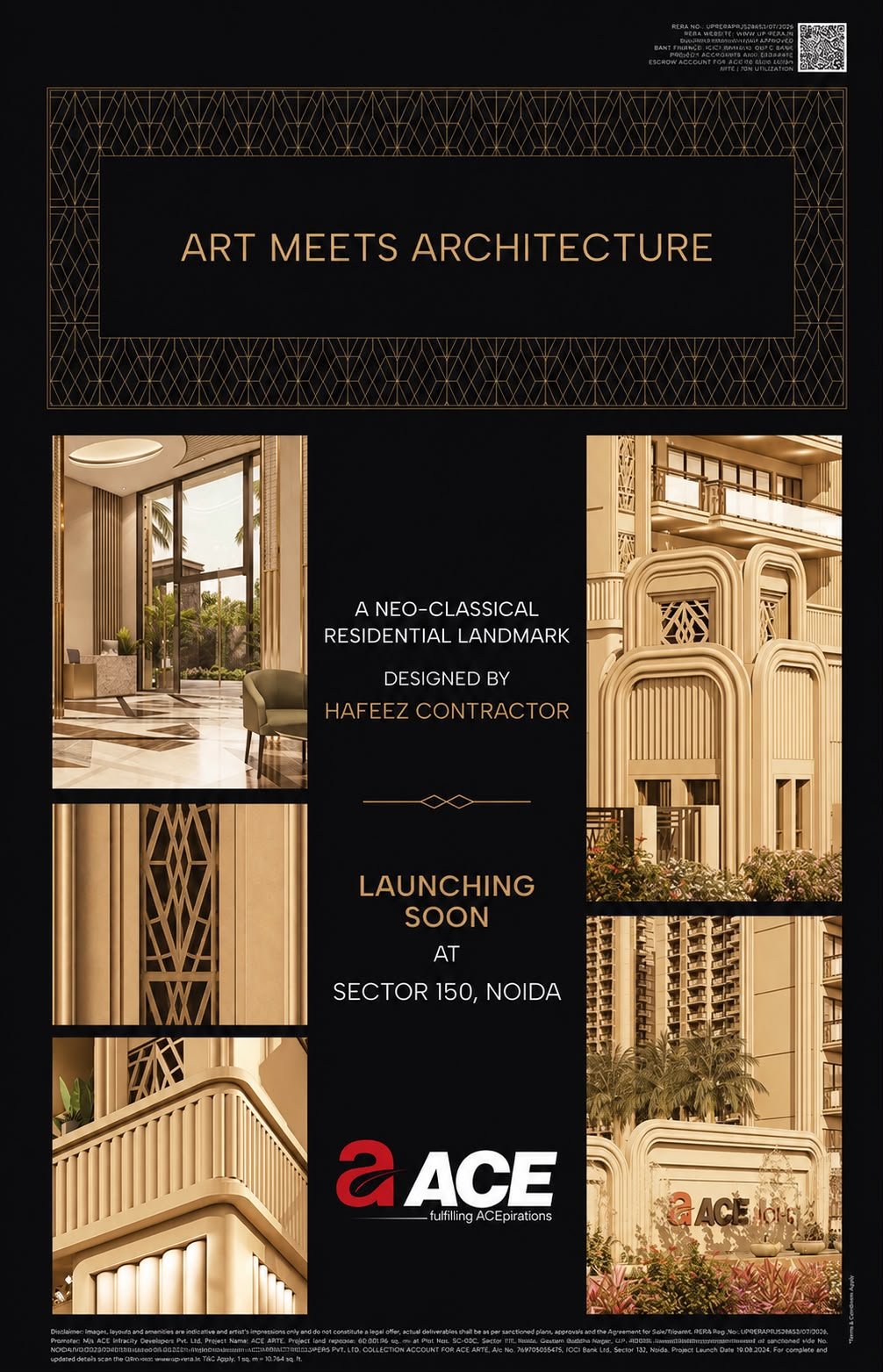 Promotional poster titled 'Art Meets Architecture' with a black-and-gold geometric border, collage of interior and exterior photos, announcing a neo-classical residential landmark launching soon in Noida's Sector 150.
