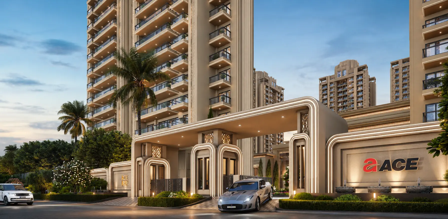 Luxurious residential complex with tall beige towers, curved illuminated entry arches, palm trees, and a silver sports car at the porte-cochère.