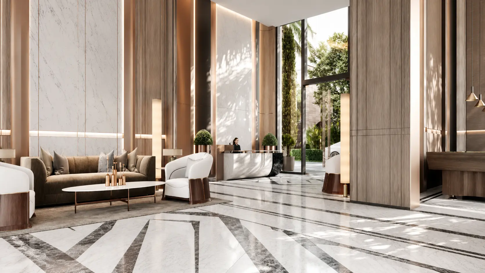 Luxurious hotel lobby with marble floors, tan seating, and a curved reception desk near glass doors.