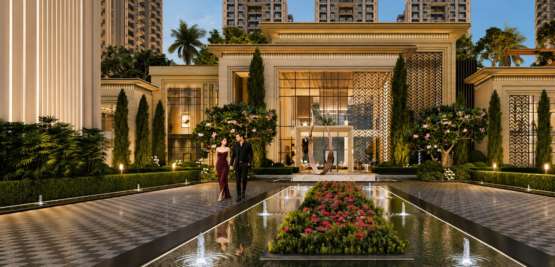 Luxurious hotel entrance with a reflective shallow pool, fountains, and manicured greenery as a formally dressed couple walks toward glass doors.